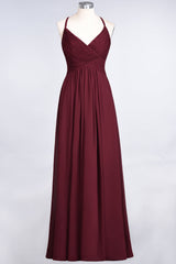 Affordable Chiffon Ruffle V-Neck Bridesmaid Dress with Spaghetti Straps-Babyonlines