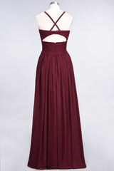 Affordable Chiffon Ruffle V-Neck Bridesmaid Dress with Spaghetti Straps-Babyonlines