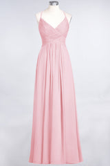 Affordable Chiffon Ruffle V-Neck Bridesmaid Dress with Spaghetti Straps-Babyonlines