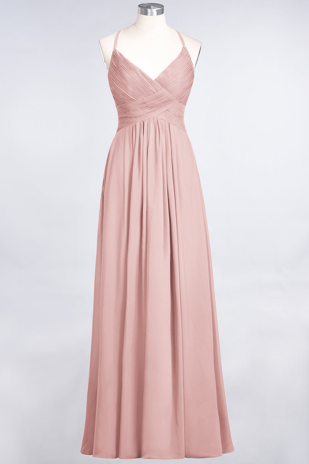 Affordable Chiffon Ruffle V-Neck Bridesmaid Dress with Spaghetti Straps-Babyonlines