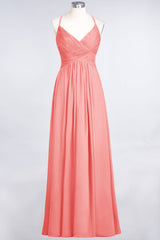 Affordable Chiffon Ruffle V-Neck Bridesmaid Dress with Spaghetti Straps-Babyonlines