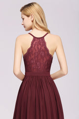 Affordable Chiffon V-Neck Sleeveless Lace Bridesmaid Dress Online-Babyonlines