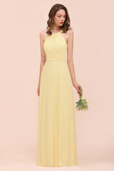 Affordable Daffodil Chiffon Sleeveless Long Bridesmaid Dress with Ruffle-Babyonlines