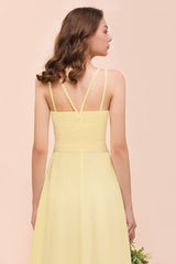 Affordable Daffodil Chiffon Sleeveless Long Bridesmaid Dress with Ruffle-Babyonlines