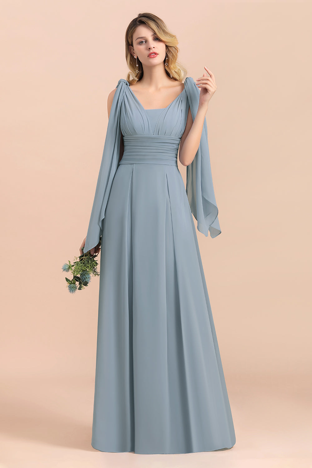 Affordable Dusty Blue Ruffle Convertible Bridemsiad Dress-Babyonlines