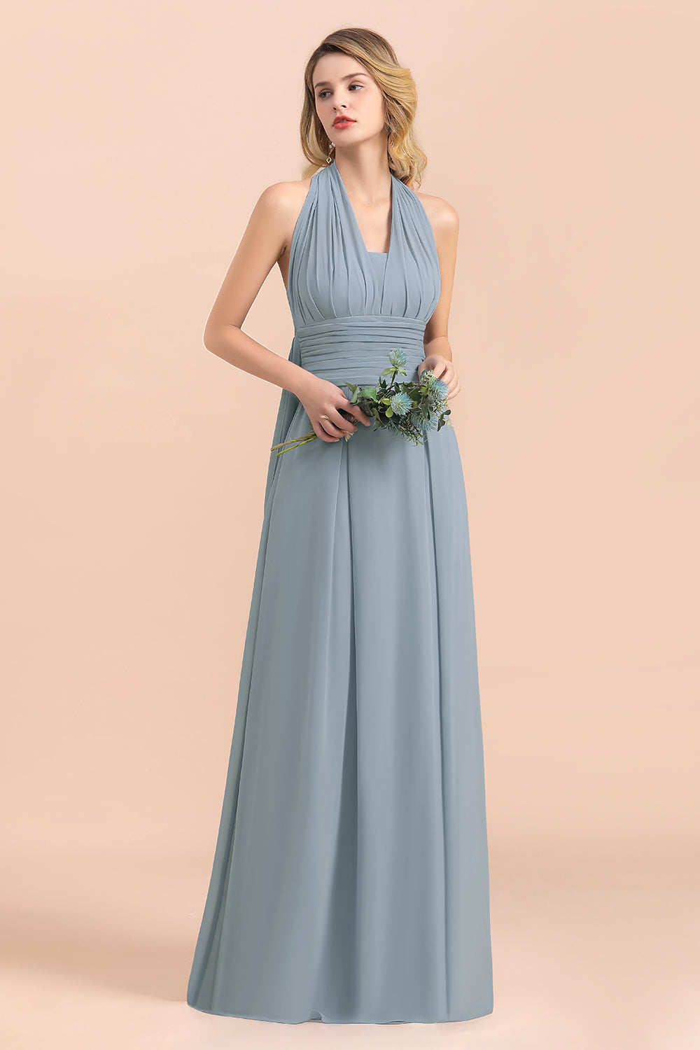 Affordable Dusty Blue Ruffle Convertible Bridemsiad Dress-Babyonlines