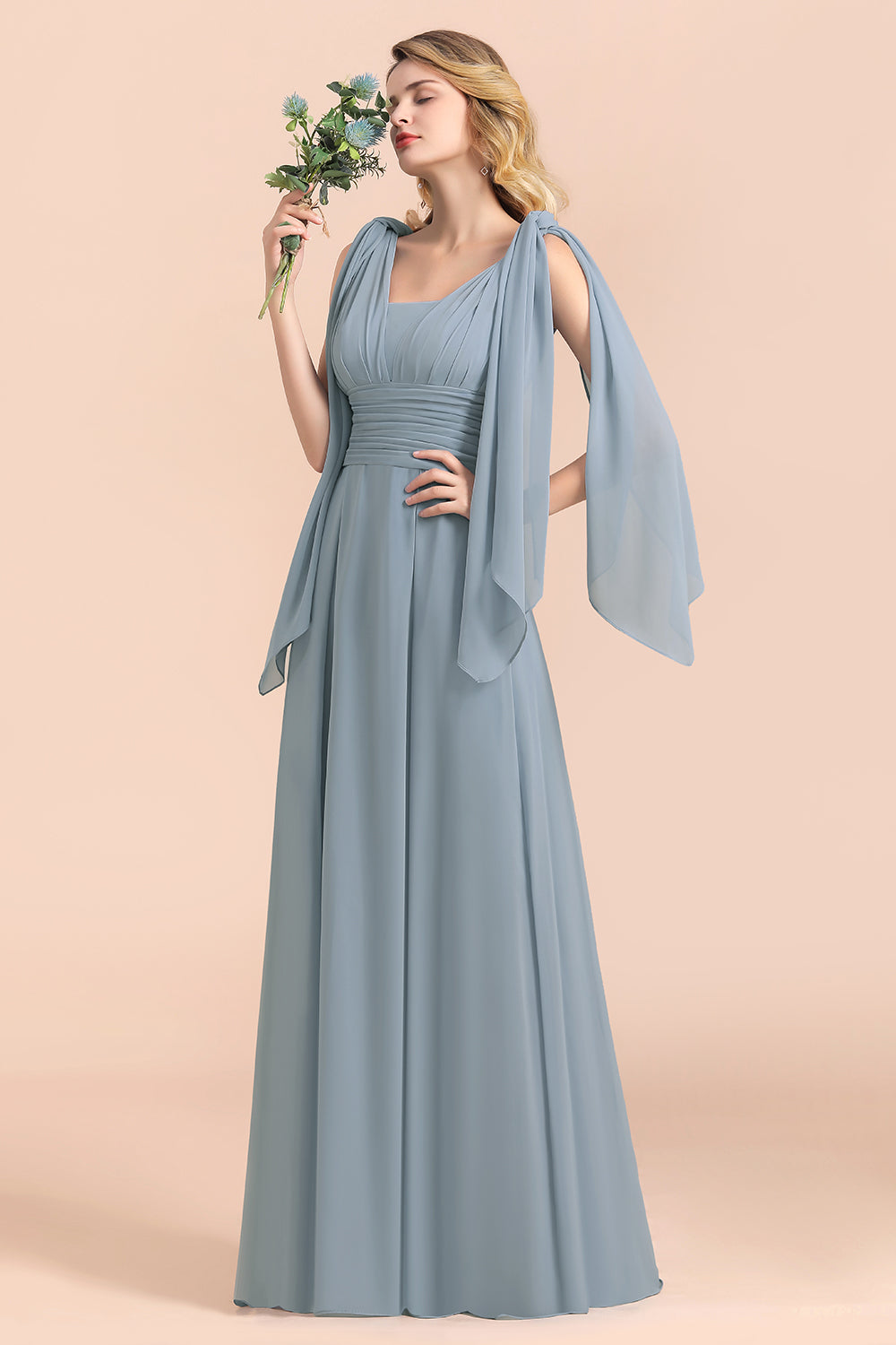 Affordable Dusty Blue Ruffle Convertible Bridemsiad Dress-Babyonlines