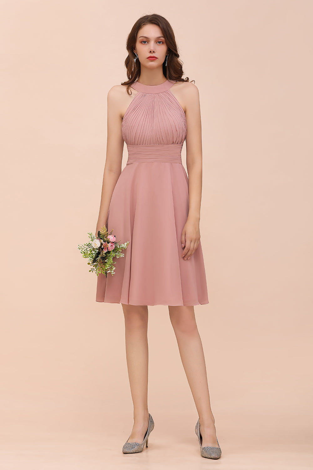 Affordable Dusty Pink Round Neck Ruffle Short Bridesmaid Dresses Online-Babyonlines