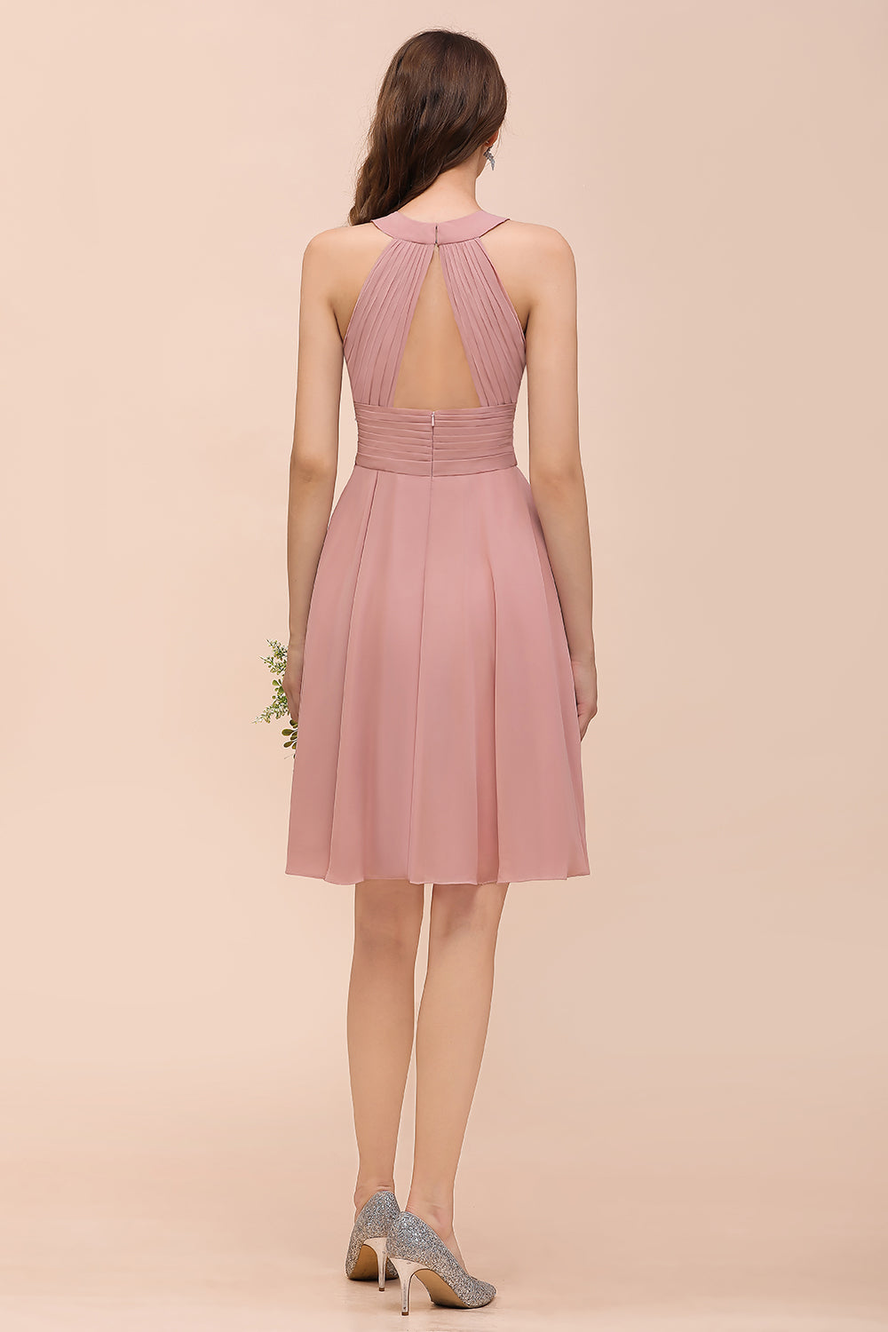 Affordable Dusty Pink Round Neck Ruffle Short Bridesmaid Dresses Online-Babyonlines