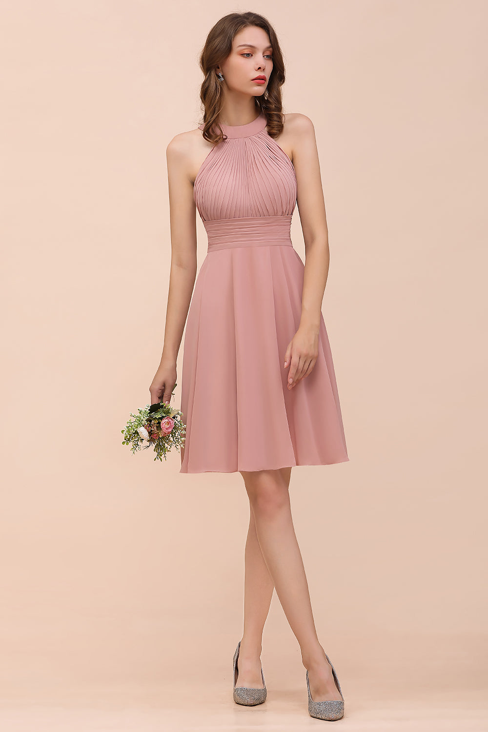 Affordable Dusty Pink Round Neck Ruffle Short Bridesmaid Dresses Online-Babyonlines