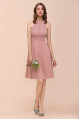 Affordable Dusty Pink Round Neck Ruffle Short Bridesmaid Dresses Online-Babyonlines