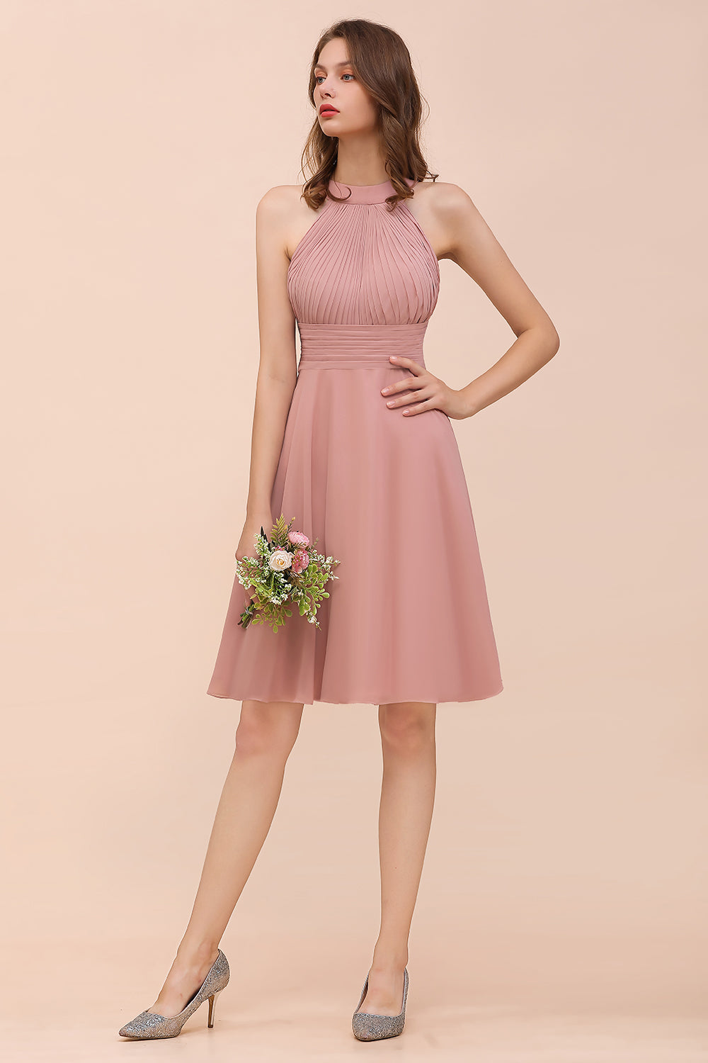 Affordable Dusty Pink Round Neck Ruffle Short Bridesmaid Dresses Online-Babyonlines