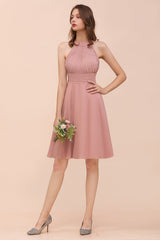 Affordable Dusty Pink Round Neck Ruffle Short Bridesmaid Dresses Online-Babyonlines