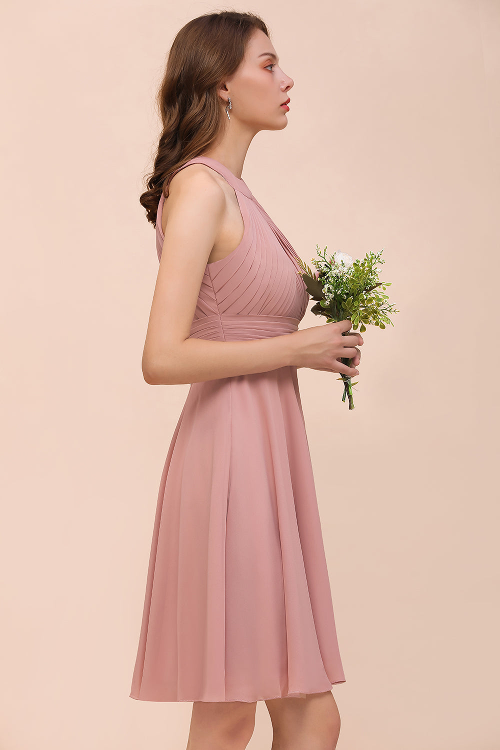 Affordable Dusty Pink Round Neck Ruffle Short Bridesmaid Dresses Online-Babyonlines