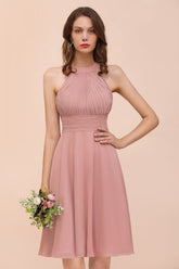 Affordable Dusty Pink Round Neck Ruffle Short Bridesmaid Dresses Online-Babyonlines