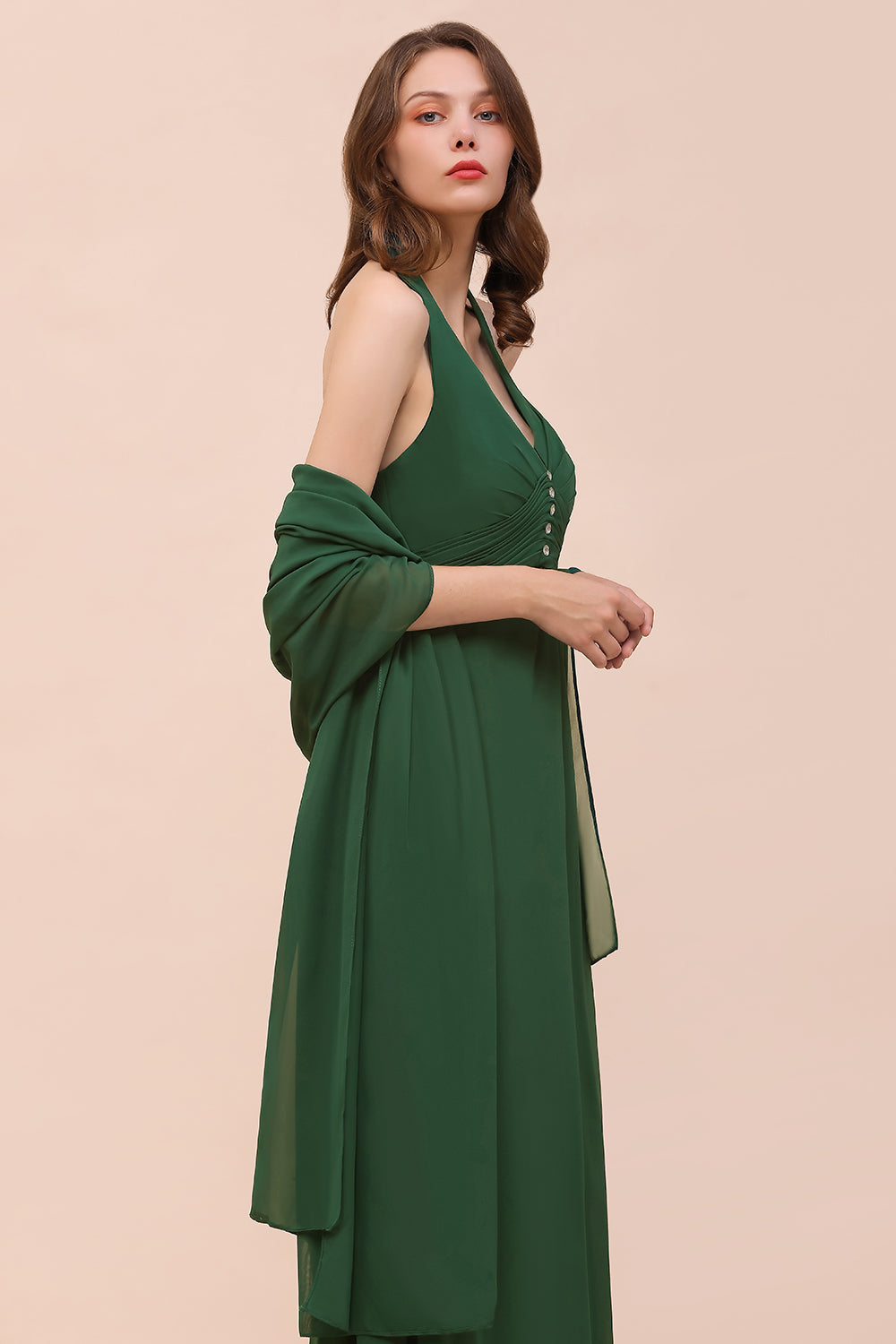 Affordable Halter Beading Ruffle Dark Green Bridesmaid Dress With Shawl-Babyonlines