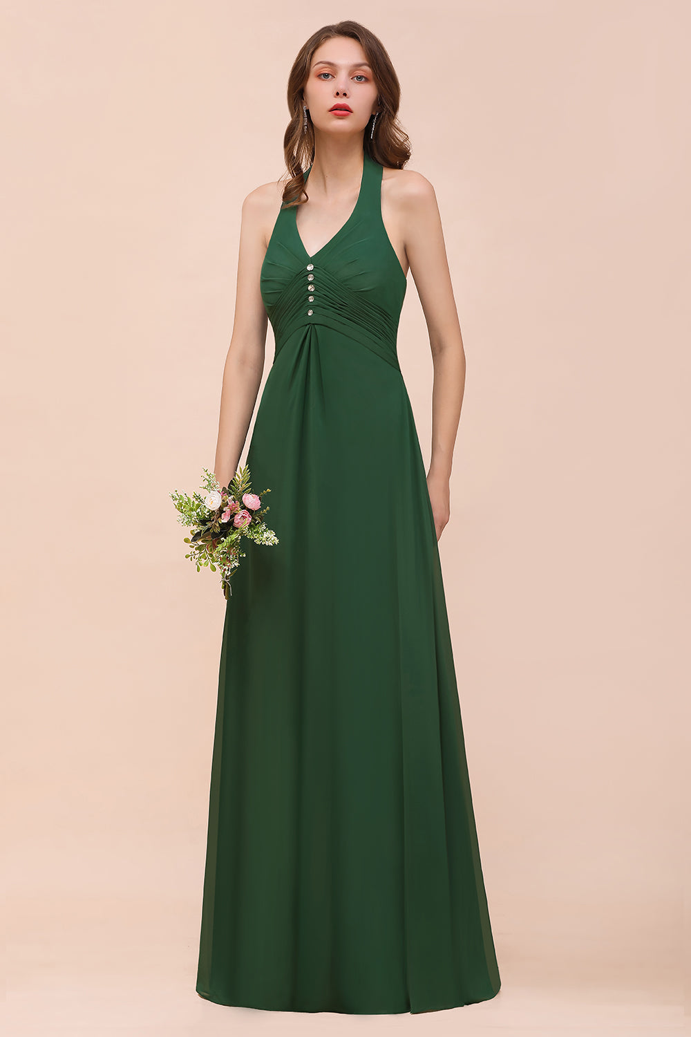 Affordable Halter Beading Ruffle Dark Green Bridesmaid Dress With Shawl-Babyonlines