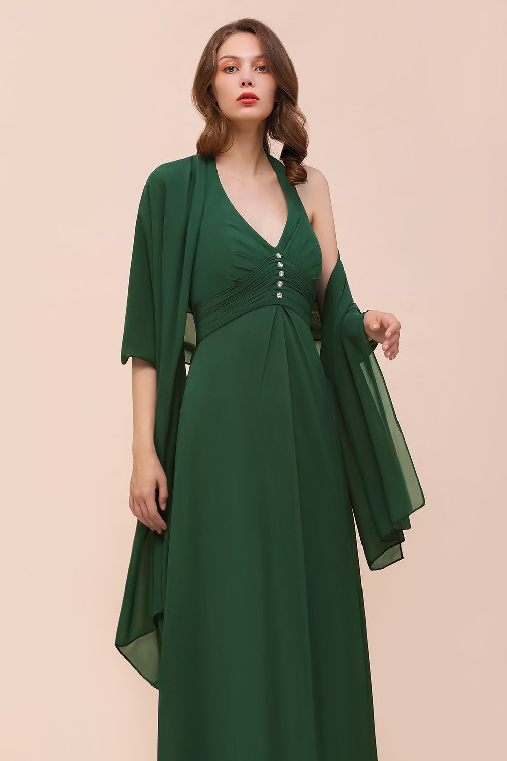 Affordable Halter Beading Ruffle Dark Green Bridesmaid Dress With Shawl-Babyonlines