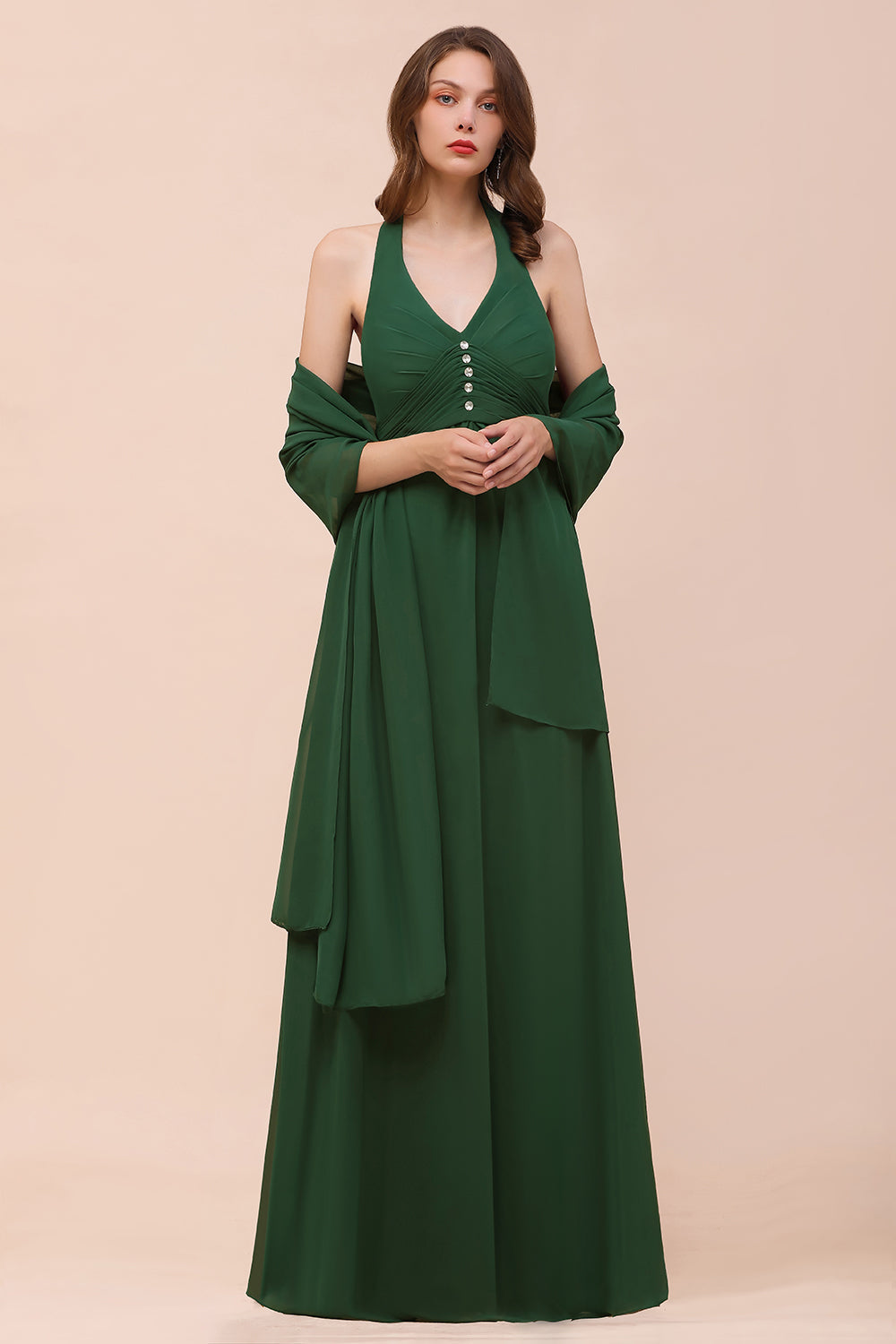 Affordable Halter Beading Ruffle Dark Green Bridesmaid Dress With Shawl-Babyonlines