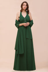 Affordable Halter Beading Ruffle Dark Green Bridesmaid Dress With Shawl-Babyonlines