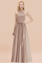 Affordable Halter Bow Long Bridesmaid Dress Modest Burgundy Chiffon Wedding Party Dress-Babyonlines