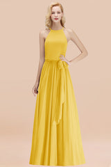 Affordable Halter Bow Long Bridesmaid Dress Modest Burgundy Chiffon Wedding Party Dress-Babyonlines