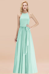 Affordable Halter Bow Long Bridesmaid Dress Modest Burgundy Chiffon Wedding Party Dress-Babyonlines