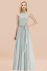 Affordable Halter Bow Long Bridesmaid Dress Modest Burgundy Chiffon Wedding Party Dress-Babyonlines