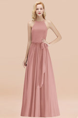 Affordable Halter Bow Long Bridesmaid Dress Modest Burgundy Chiffon Wedding Party Dress-Babyonlines