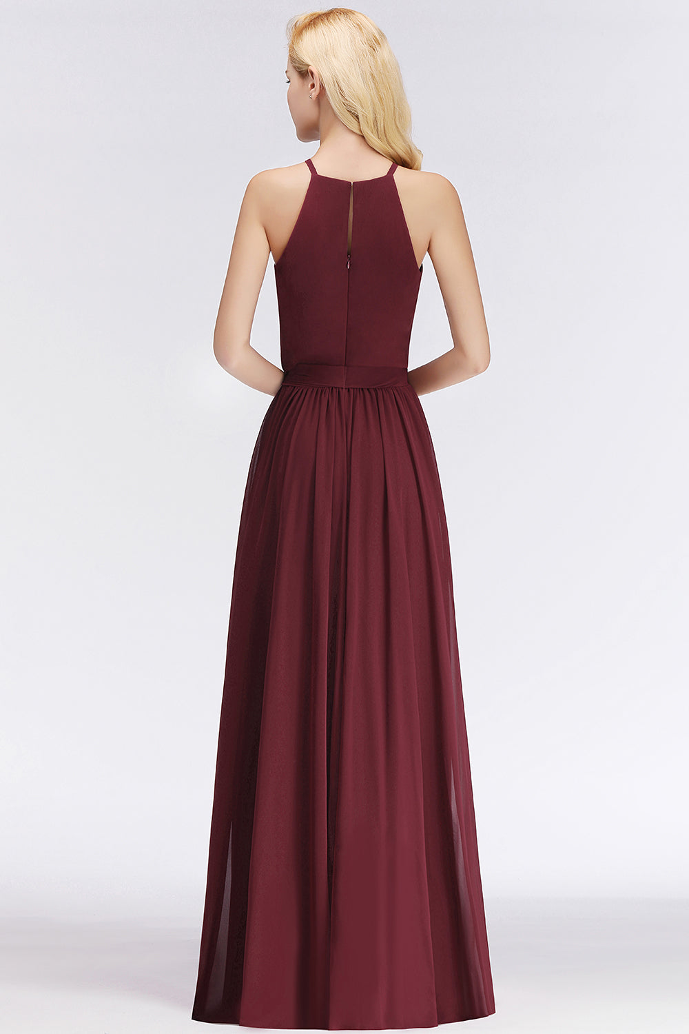 Affordable Halter Bow Long Bridesmaid Dress Modest Burgundy Chiffon Wedding Party Dress-Babyonlines