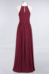 Affordable Halter Bow Long Bridesmaid Dress Modest Burgundy Chiffon Wedding Party Dress-Babyonlines