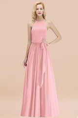 Affordable Halter Bow Long Bridesmaid Dress Modest Burgundy Chiffon Wedding Party Dress-Babyonlines
