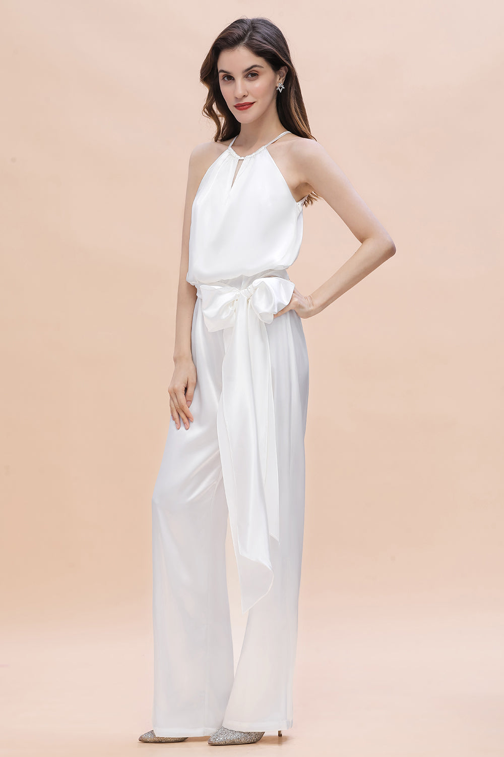 Affordable Halter Sleeveless Ivory Charmeuse Bridesmaid Jumpsuit Online-Babyonlines
