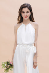 Affordable Halter Sleeveless Ivory Charmeuse Bridesmaid Jumpsuit Online-Babyonlines