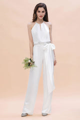 Affordable Halter Sleeveless Ivory Charmeuse Bridesmaid Jumpsuit Online-Babyonlines
