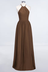 Affordable Halter Sleeveless Long Burgundy Bridesmaid Dress with Ruffle-Babyonlines