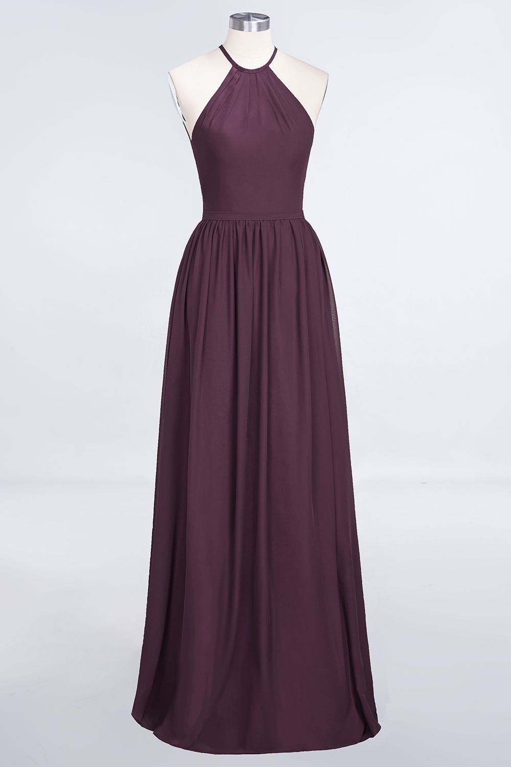 Affordable Halter Sleeveless Long Burgundy Bridesmaid Dress with Ruffle-Babyonlines