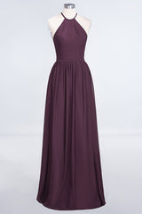 Affordable Halter Sleeveless Long Burgundy Bridesmaid Dress with Ruffle-Babyonlines
