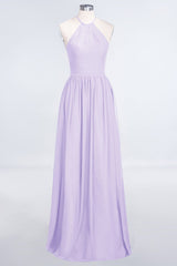 Affordable Halter Sleeveless Long Burgundy Bridesmaid Dress with Ruffle-Babyonlines