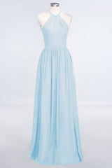 Affordable Halter Sleeveless Long Burgundy Bridesmaid Dress with Ruffle-Babyonlines