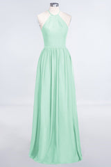 Affordable Halter Sleeveless Long Burgundy Bridesmaid Dress with Ruffle-Babyonlines