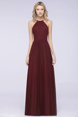 Affordable Halter Sleeveless Long Burgundy Bridesmaid Dress with Ruffle-Babyonlines
