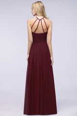 Affordable Halter Sleeveless Long Burgundy Bridesmaid Dress with Ruffle-Babyonlines