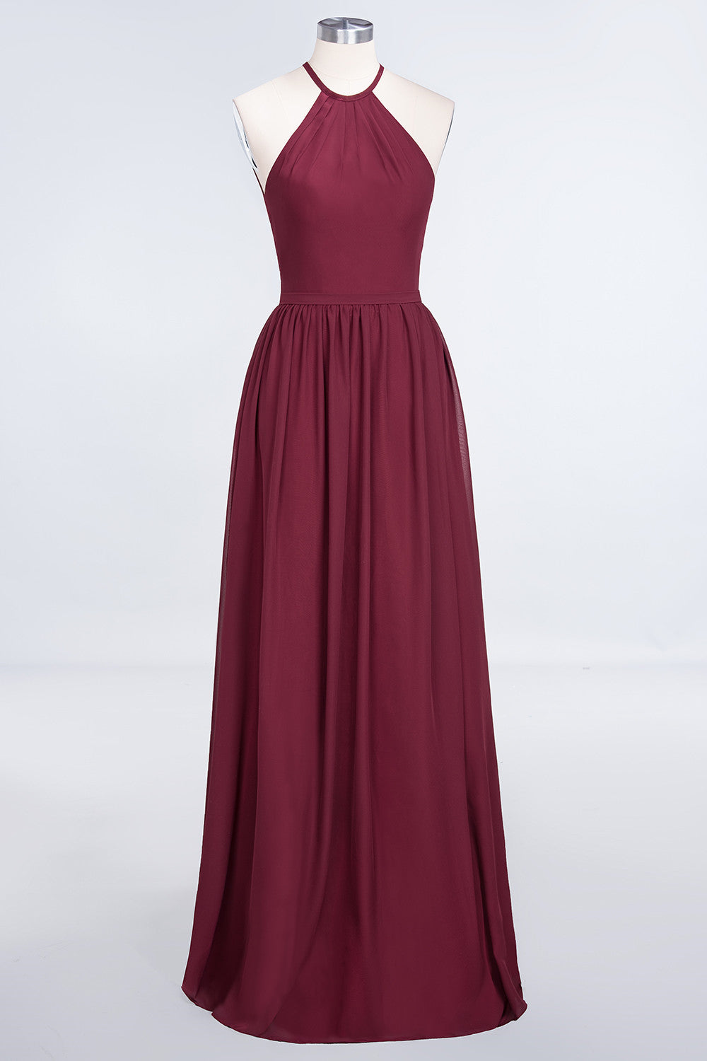 Affordable Halter Sleeveless Long Burgundy Bridesmaid Dress with Ruffle-Babyonlines