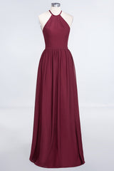Affordable Halter Sleeveless Long Burgundy Bridesmaid Dress with Ruffle-Babyonlines