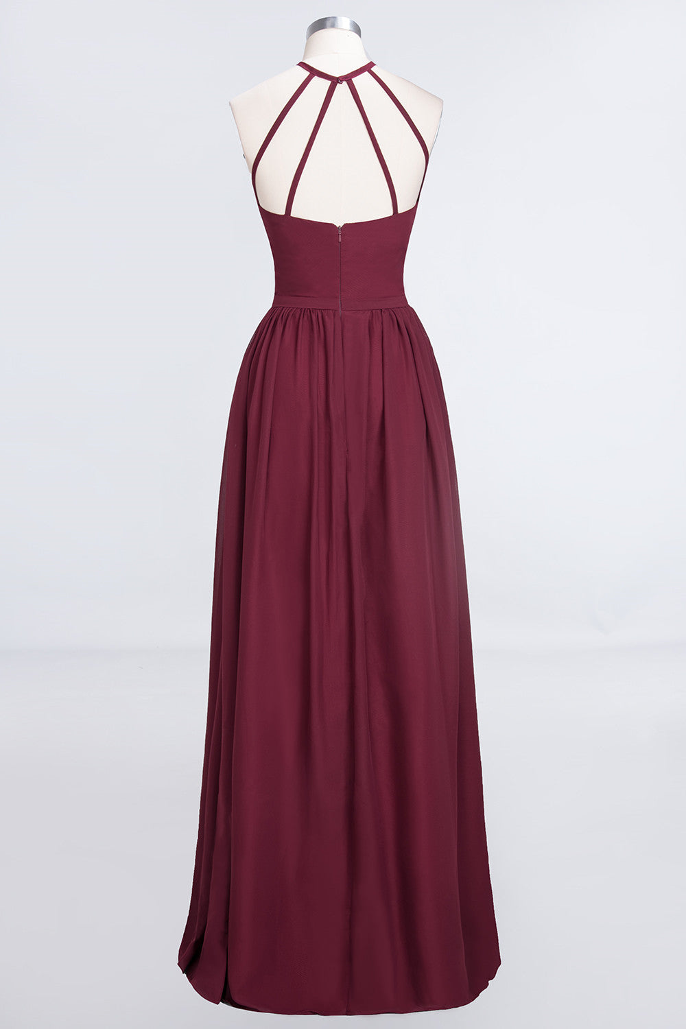 Affordable Halter Sleeveless Long Burgundy Bridesmaid Dress with Ruffle-Babyonlines