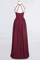 Affordable Halter Sleeveless Long Burgundy Bridesmaid Dress with Ruffle-Babyonlines
