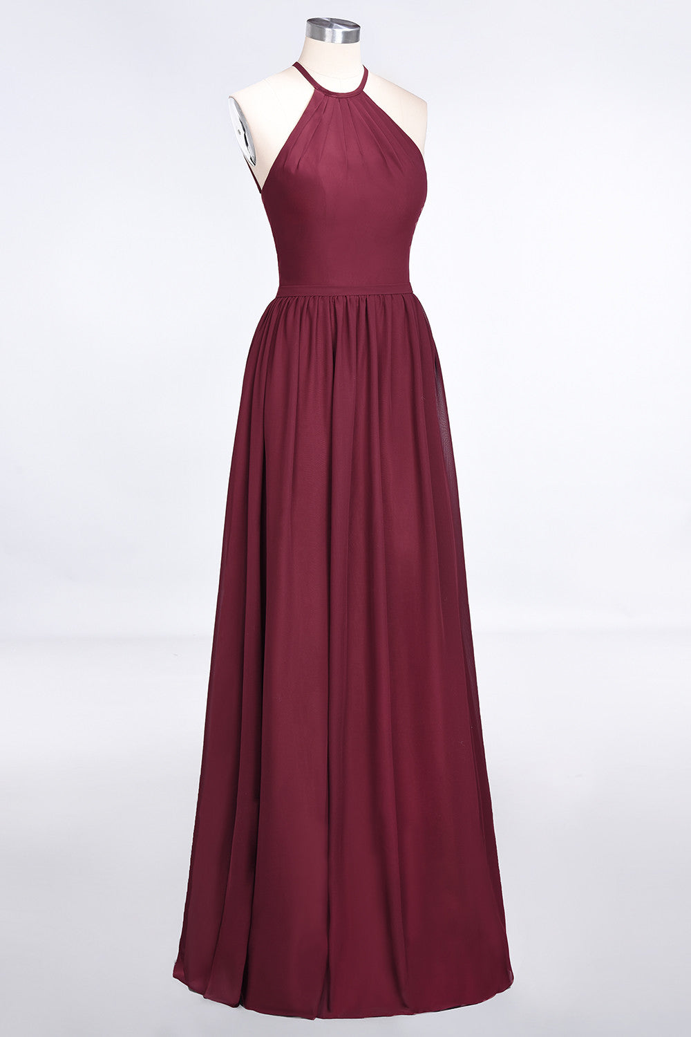 Affordable Halter Sleeveless Long Burgundy Bridesmaid Dress with Ruffle-Babyonlines