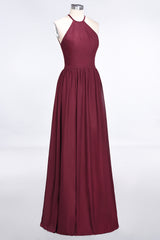 Affordable Halter Sleeveless Long Burgundy Bridesmaid Dress with Ruffle-Babyonlines