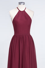 Affordable Halter Sleeveless Long Burgundy Bridesmaid Dress with Ruffle-Babyonlines